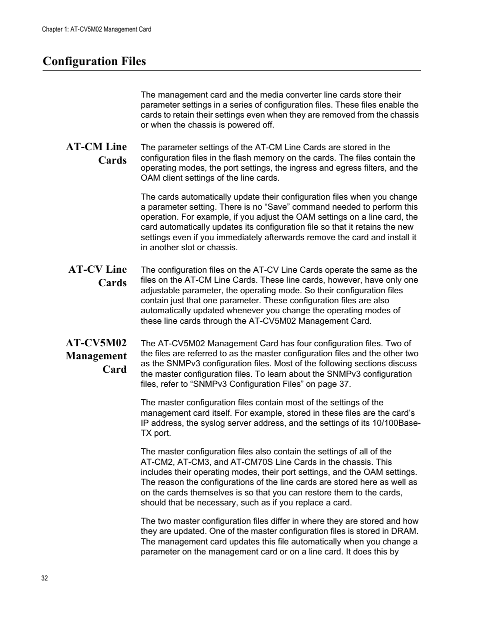 Configuration files, At-cm line cards, At-cv line cards | At-cv5m02 management card | Allied Telesis AT-S102 User Manual | Page 32 / 374