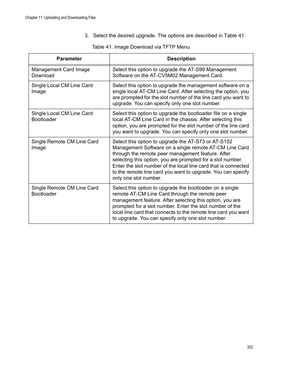 Table 42. image download via tftp menu | Allied Telesis AT-S102 User Manual | Page 322 / 374