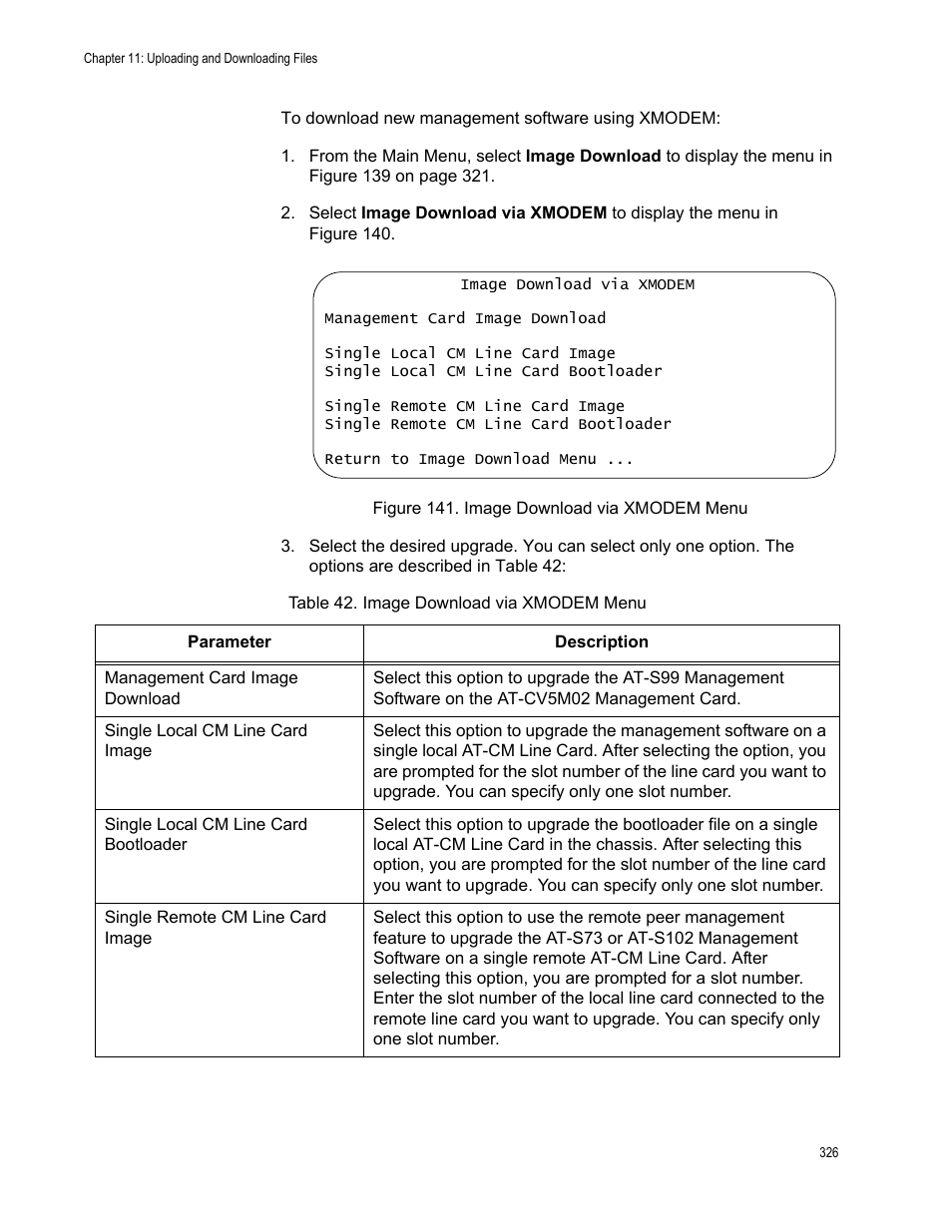 Figure 142. image download via xmodem menu, Table 43. image download via xmodem menu | Allied Telesis AT-S102 User Manual | Page 326 / 374