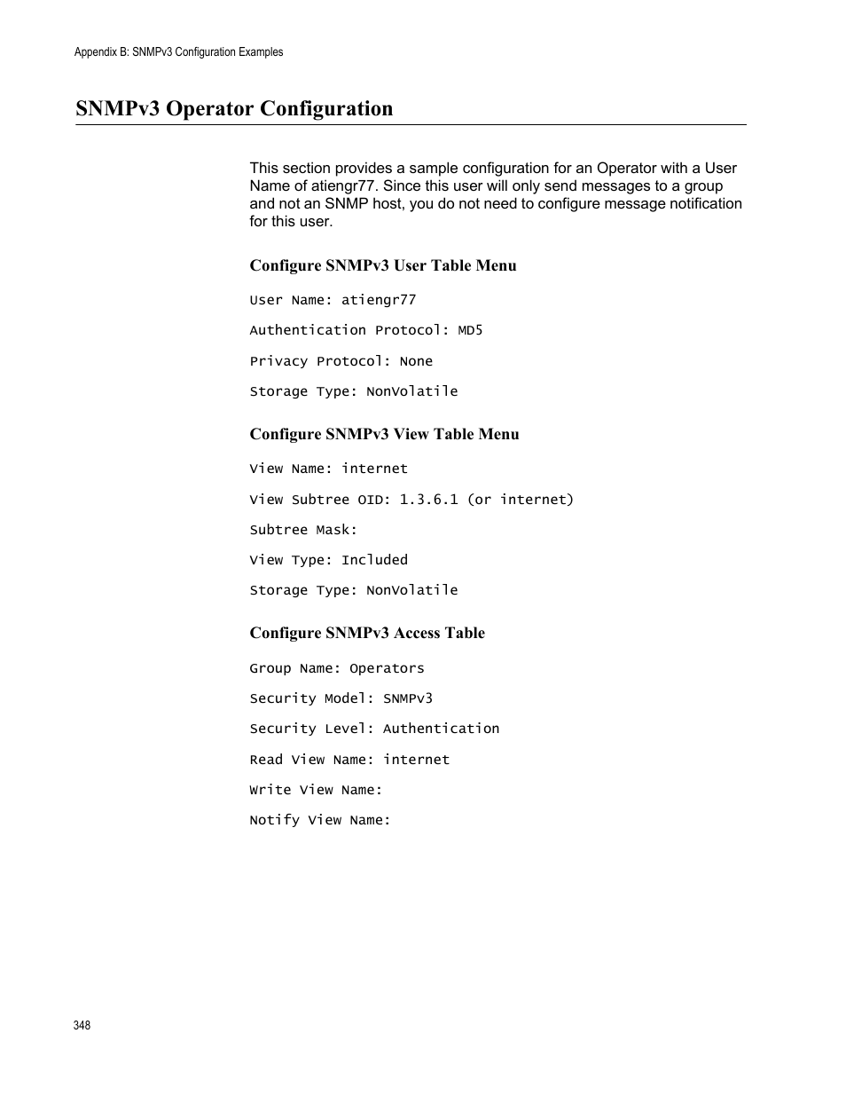 Snmpv3 operator configuration | Allied Telesis AT-S102 User Manual | Page 348 / 374