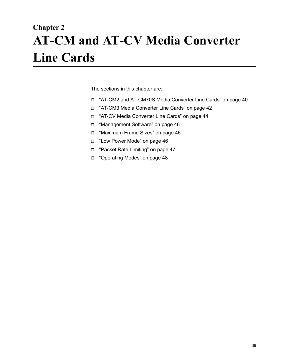 Chapter 2, At-cm and at-cv media converter line cards | Allied Telesis AT-S102 User Manual | Page 39 / 374