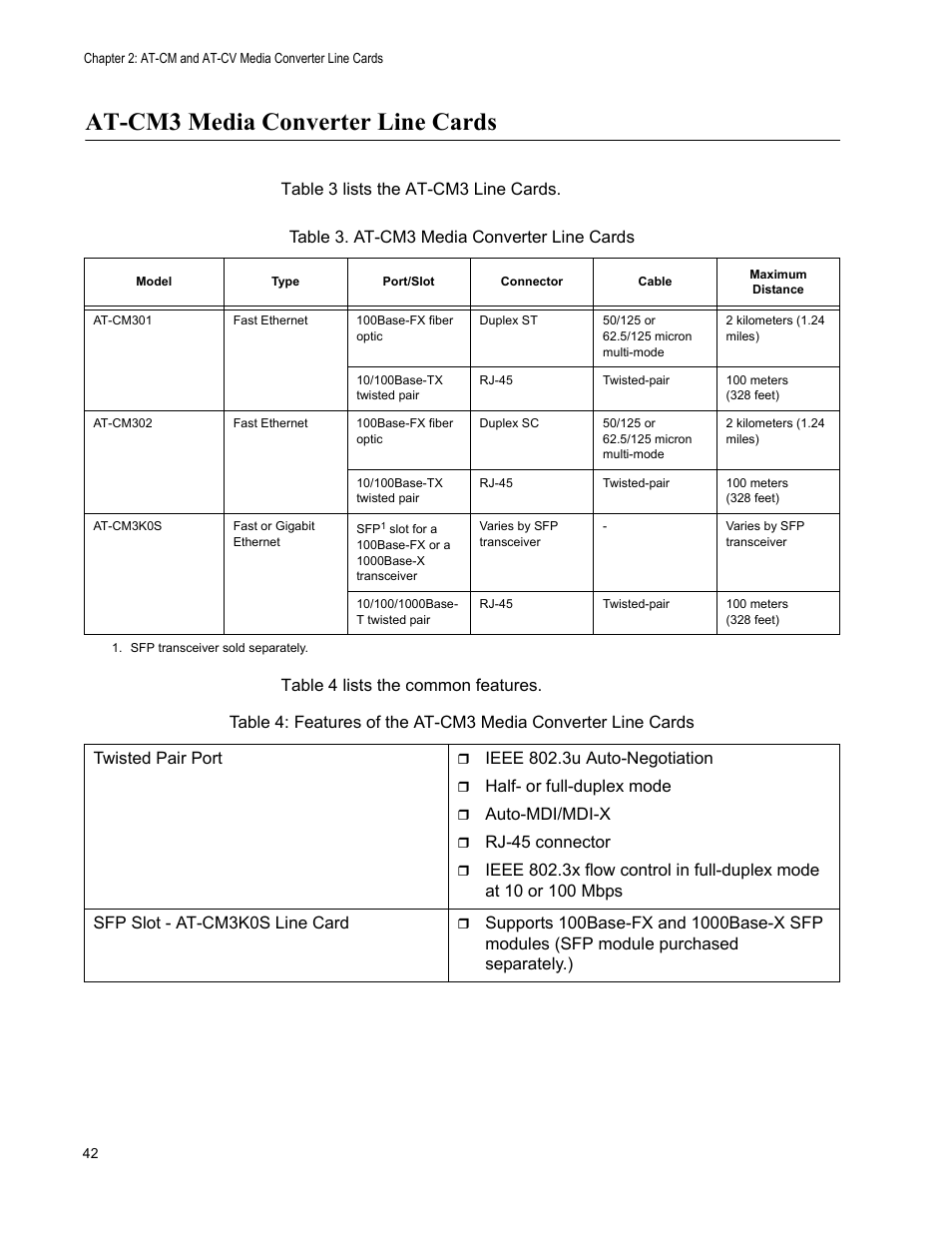 At-cm3 media converter line cards, Ieee 802.3u auto-negotiation, Half- or full-duplex mode | Auto-mdi/mdi-x, Rj-45 connector | Allied Telesis AT-S102 User Manual | Page 42 / 374