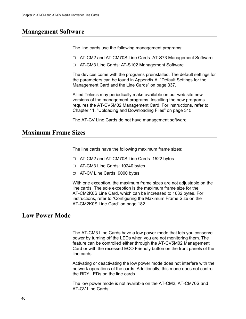 Management software, Maximum frame sizes, Low power mode | Allied Telesis AT-S102 User Manual | Page 46 / 374