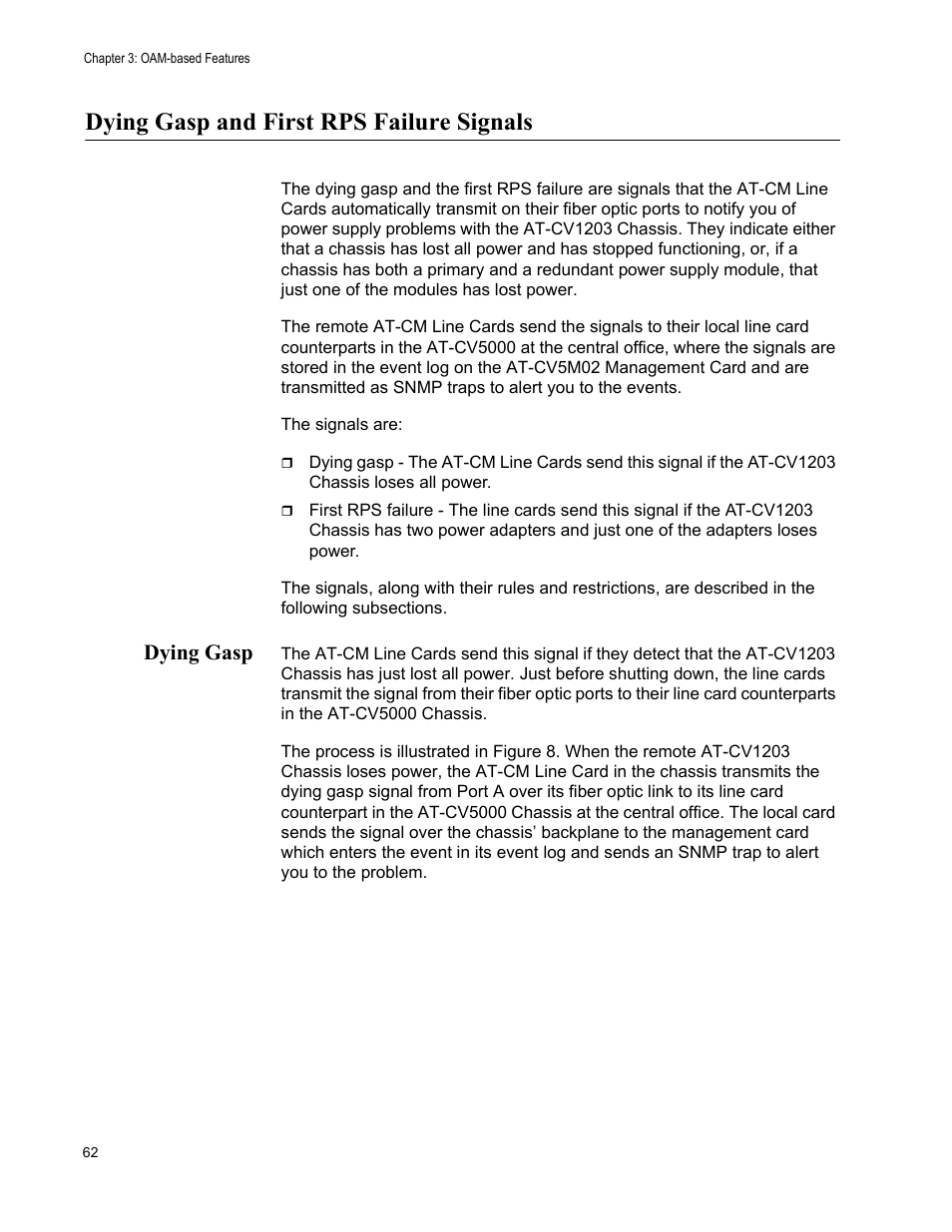 Dying gasp and first rps failure signals, Dying gasp | Allied Telesis AT-S102 User Manual | Page 62 / 374
