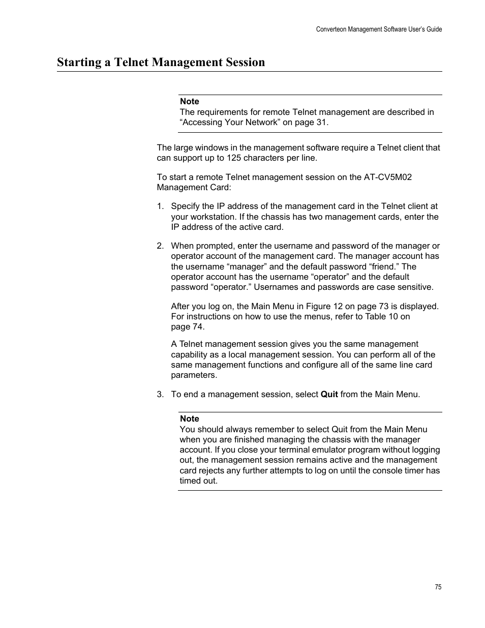 Starting a telnet management session | Allied Telesis AT-S102 User Manual | Page 75 / 374