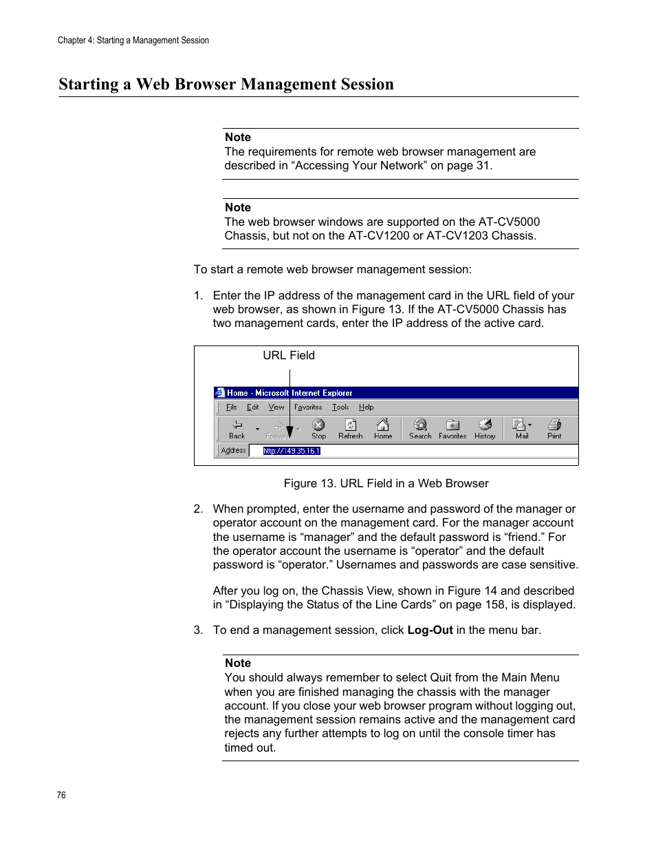 Starting a web browser management session, Figure 14. url field in a web browser | Allied Telesis AT-S102 User Manual | Page 76 / 374