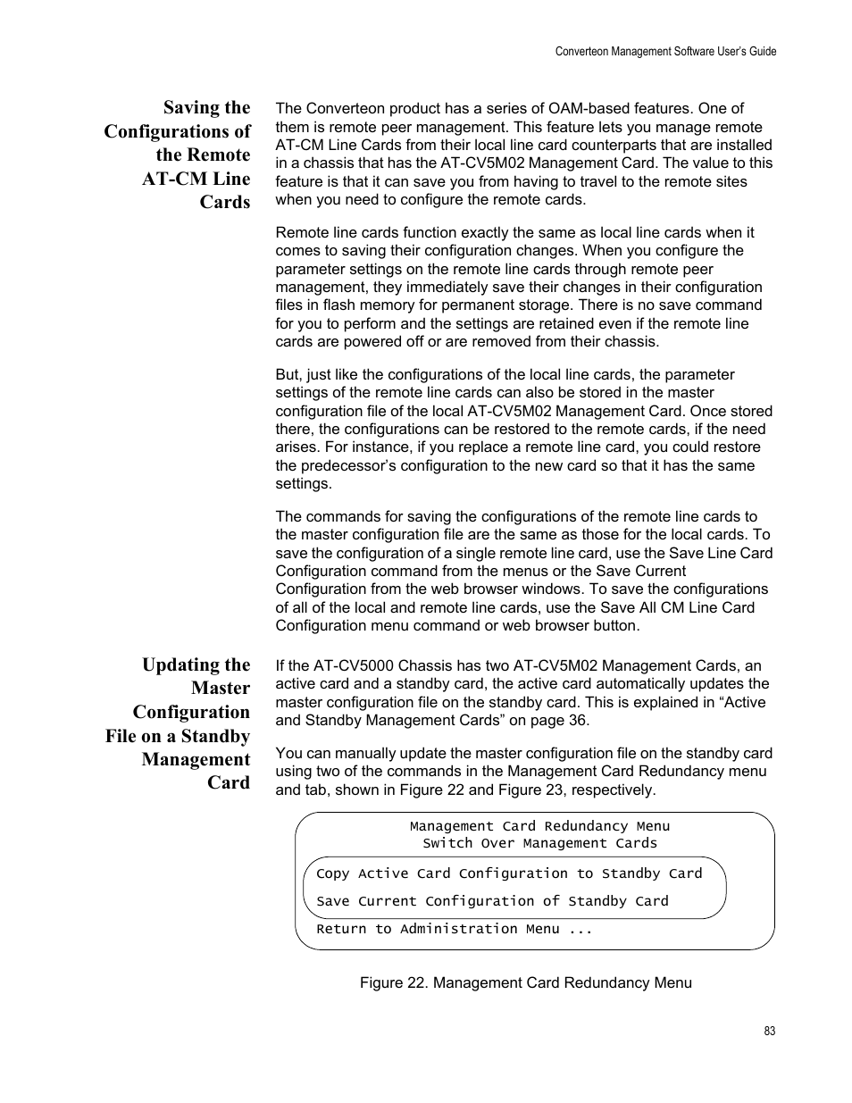 Figure 23. management card redundancy menu | Allied Telesis AT-S102 User Manual | Page 83 / 374