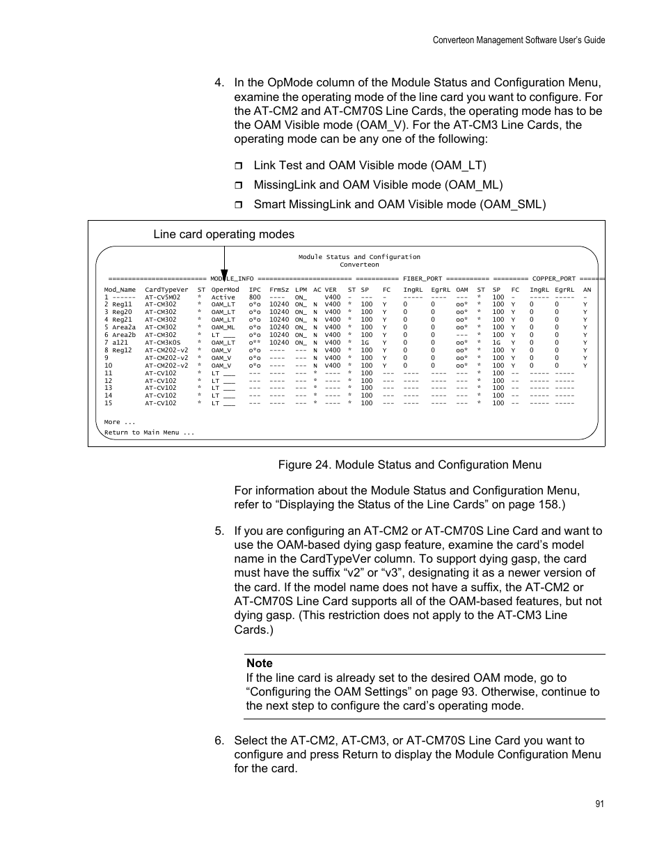 Figure 25. module status and configuration menu, Link test and oam visible mode (oam_lt), Missinglink and oam visible mode (oam_ml) | Converteon management software user’s guide 91 | Allied Telesis AT-S102 User Manual | Page 91 / 374