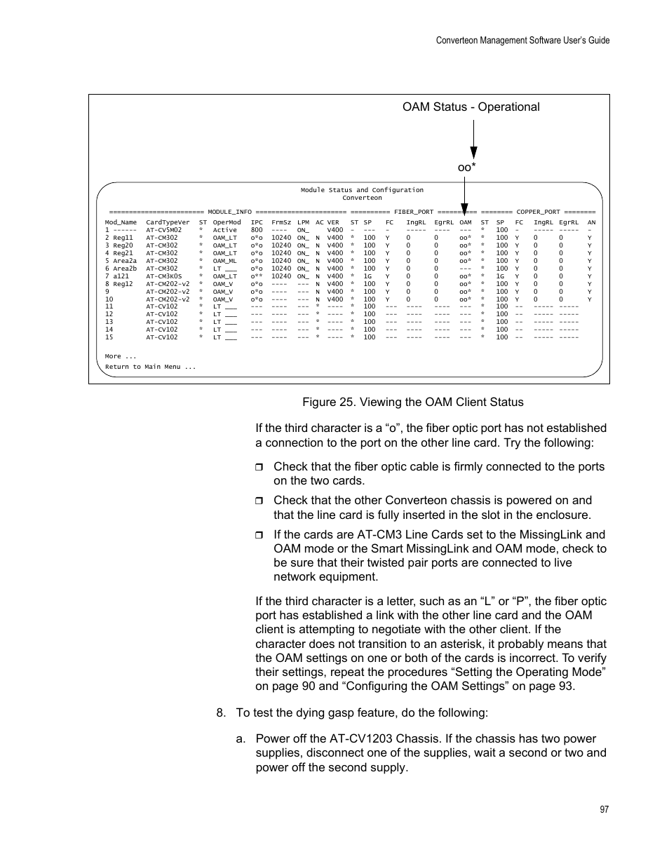 Figure 26. viewing the oam client status, Oam status - operational oo, Converteon management software user’s guide 97 | Allied Telesis AT-S102 User Manual | Page 97 / 374