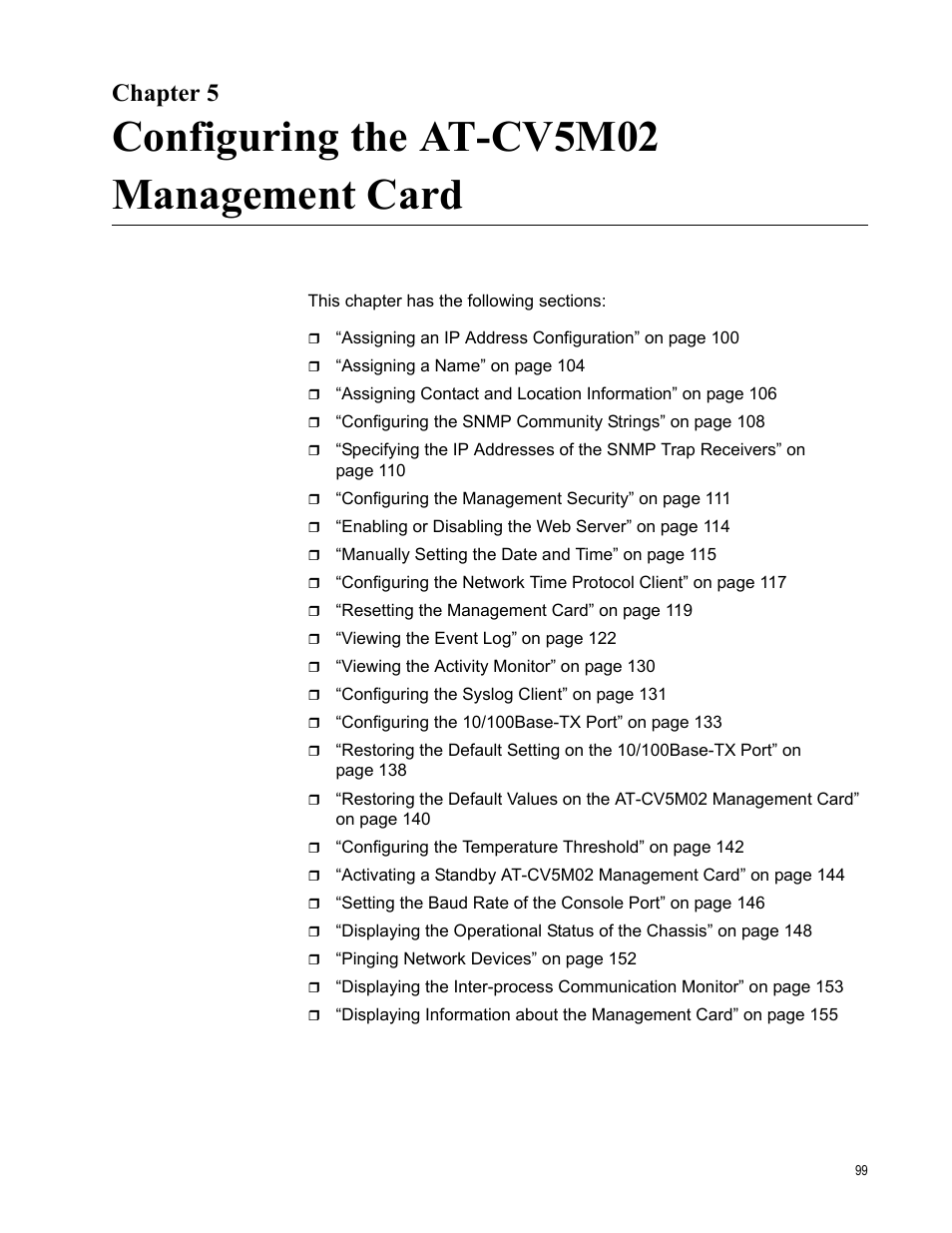 Chapter 5, Configuring the at-cv5m02 management card | Allied Telesis AT-S102 User Manual | Page 99 / 374