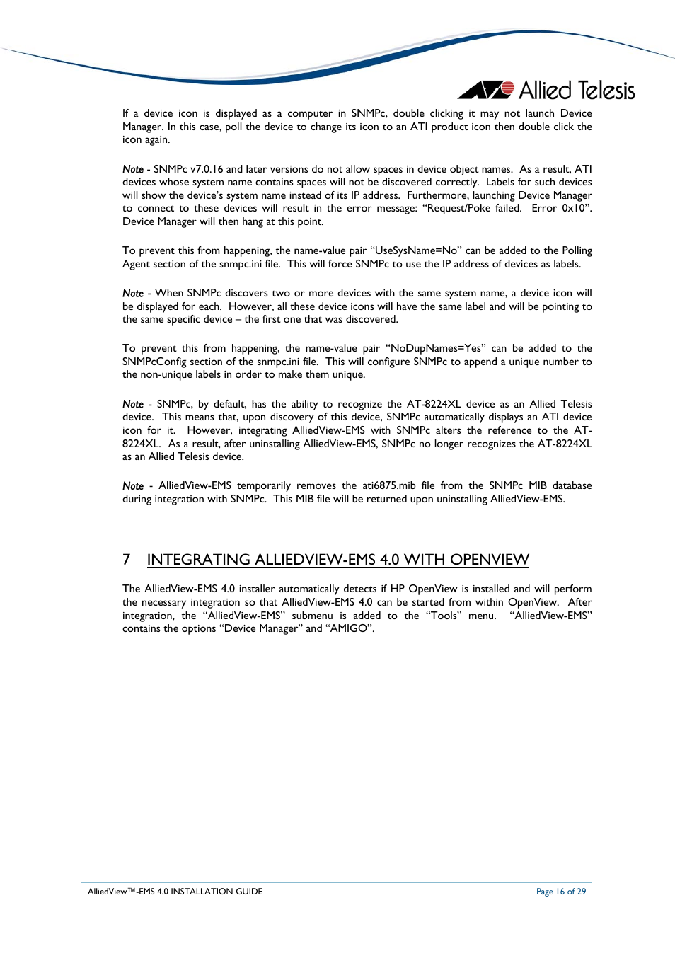 7 integrating alliedview-ems 4.0 with openview | Allied Telesis AlliedView-EMS 4.0 INSTALLATION User Manual | Page 16 / 29