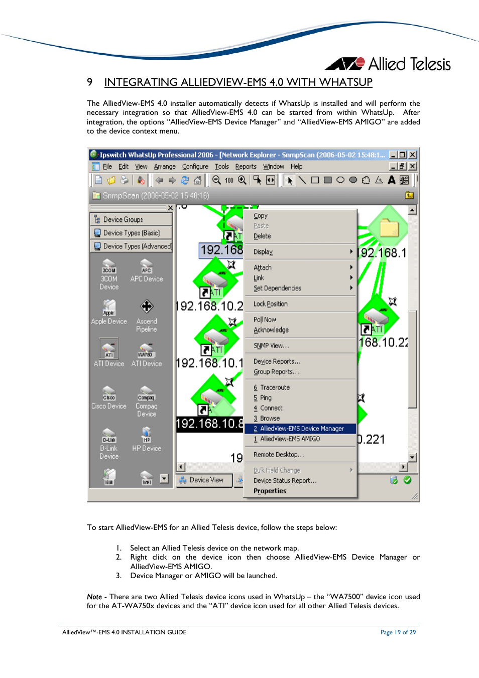 9 integrating alliedview-ems 4.0 with whatsup | Allied Telesis AlliedView-EMS 4.0 INSTALLATION User Manual | Page 19 / 29