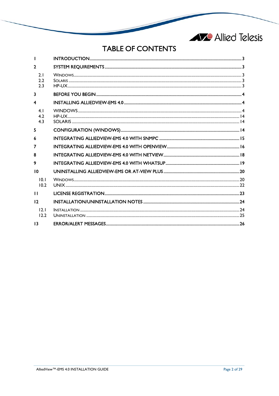 Allied Telesis AlliedView-EMS 4.0 INSTALLATION User Manual | Page 2 / 29