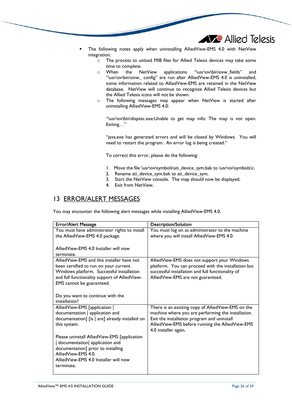 13 error/alert messages | Allied Telesis AlliedView-EMS 4.0 INSTALLATION User Manual | Page 26 / 29