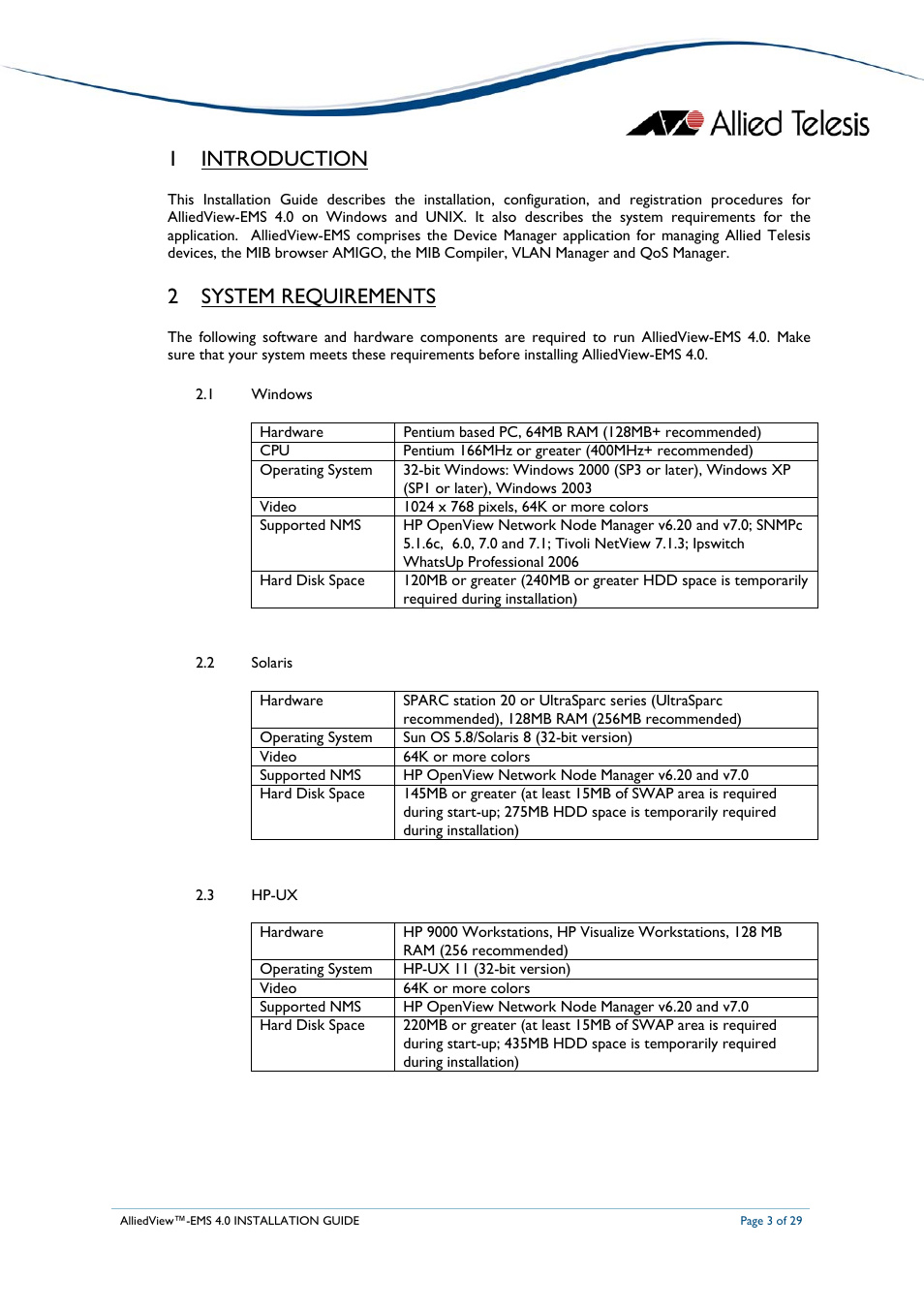 1 introduction, 2 system requirements | Allied Telesis AlliedView-EMS 4.0 INSTALLATION User Manual | Page 3 / 29