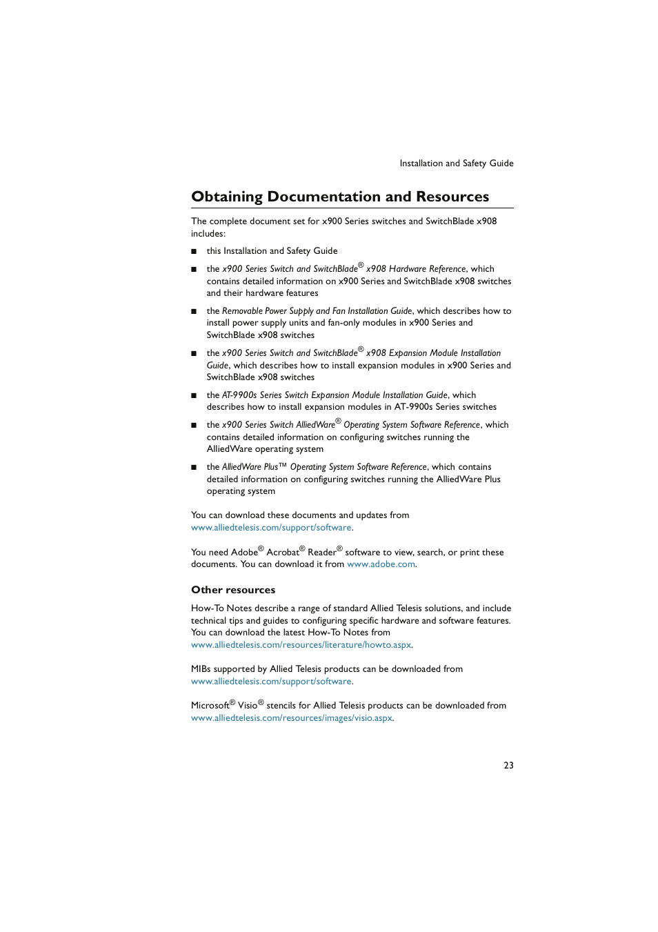 Obtaining documentation and resources, Obtaining | Allied Telesis x900 Series Switch and SwitchBlade x908 User Manual | Page 24 / 49