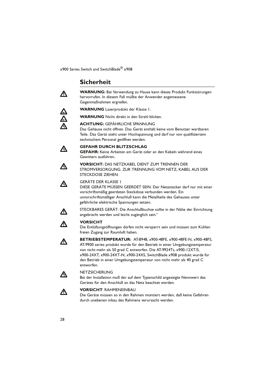 Sicherheit | Allied Telesis x900 Series Switch and SwitchBlade x908 User Manual | Page 29 / 49