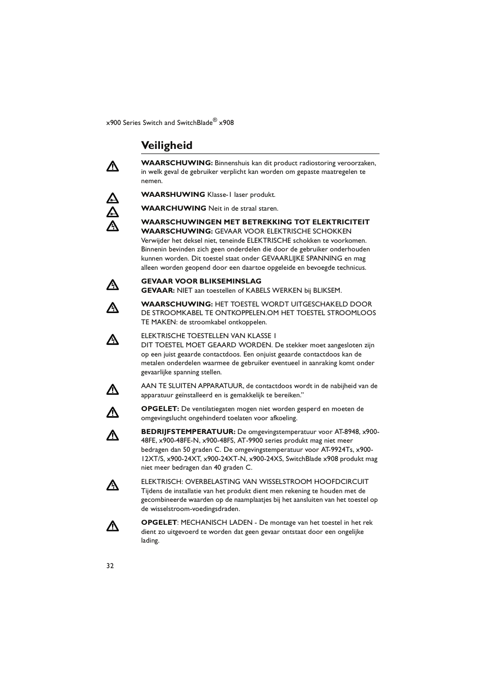 Veiligheid | Allied Telesis x900 Series Switch and SwitchBlade x908 User Manual | Page 33 / 49