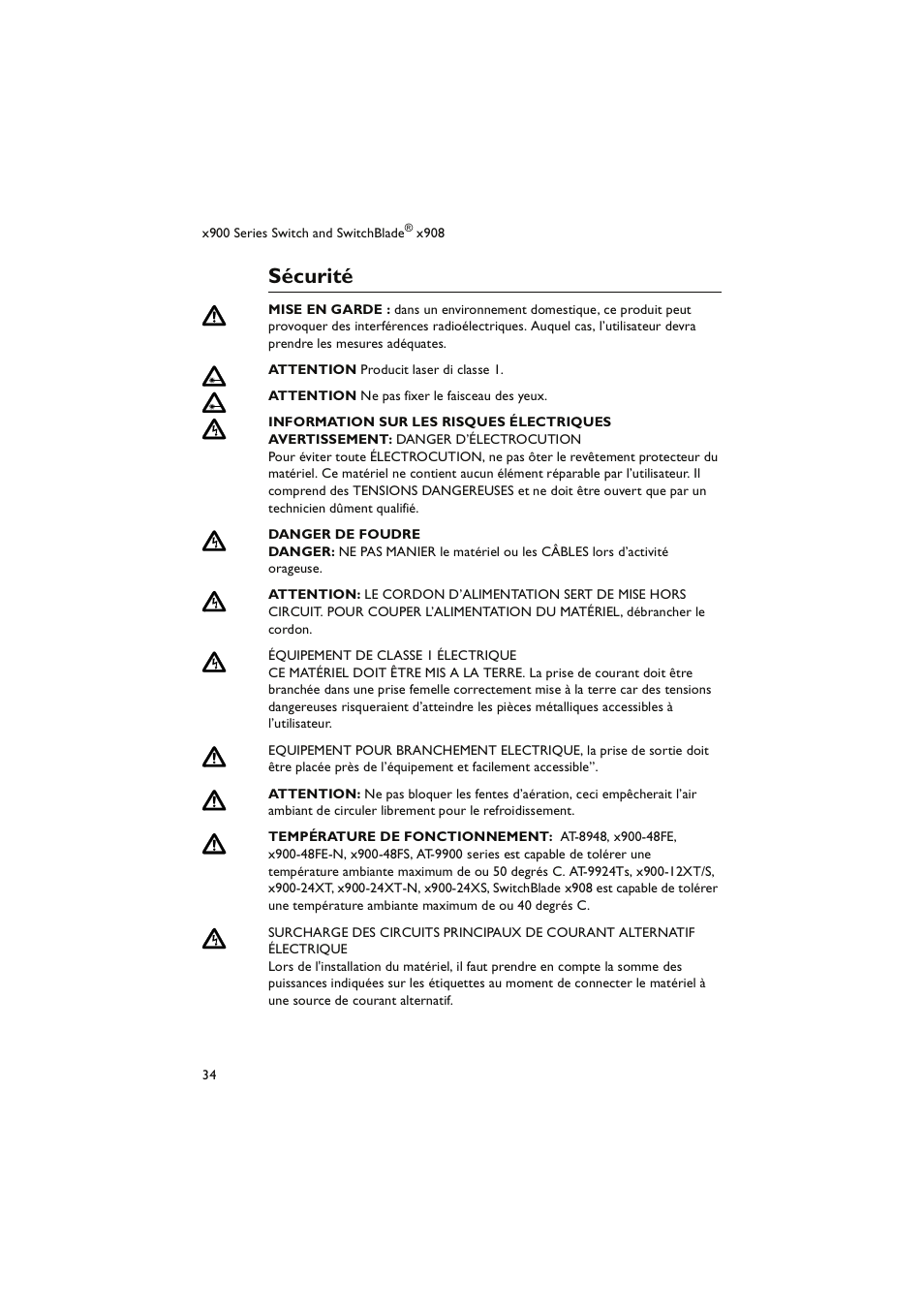 Sécurité | Allied Telesis x900 Series Switch and SwitchBlade x908 User Manual | Page 35 / 49