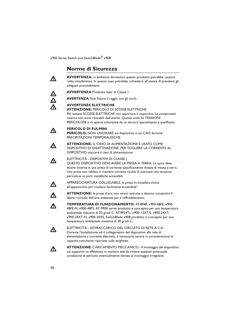 Norme di sicurezza | Allied Telesis x900 Series Switch and SwitchBlade x908 User Manual | Page 39 / 49