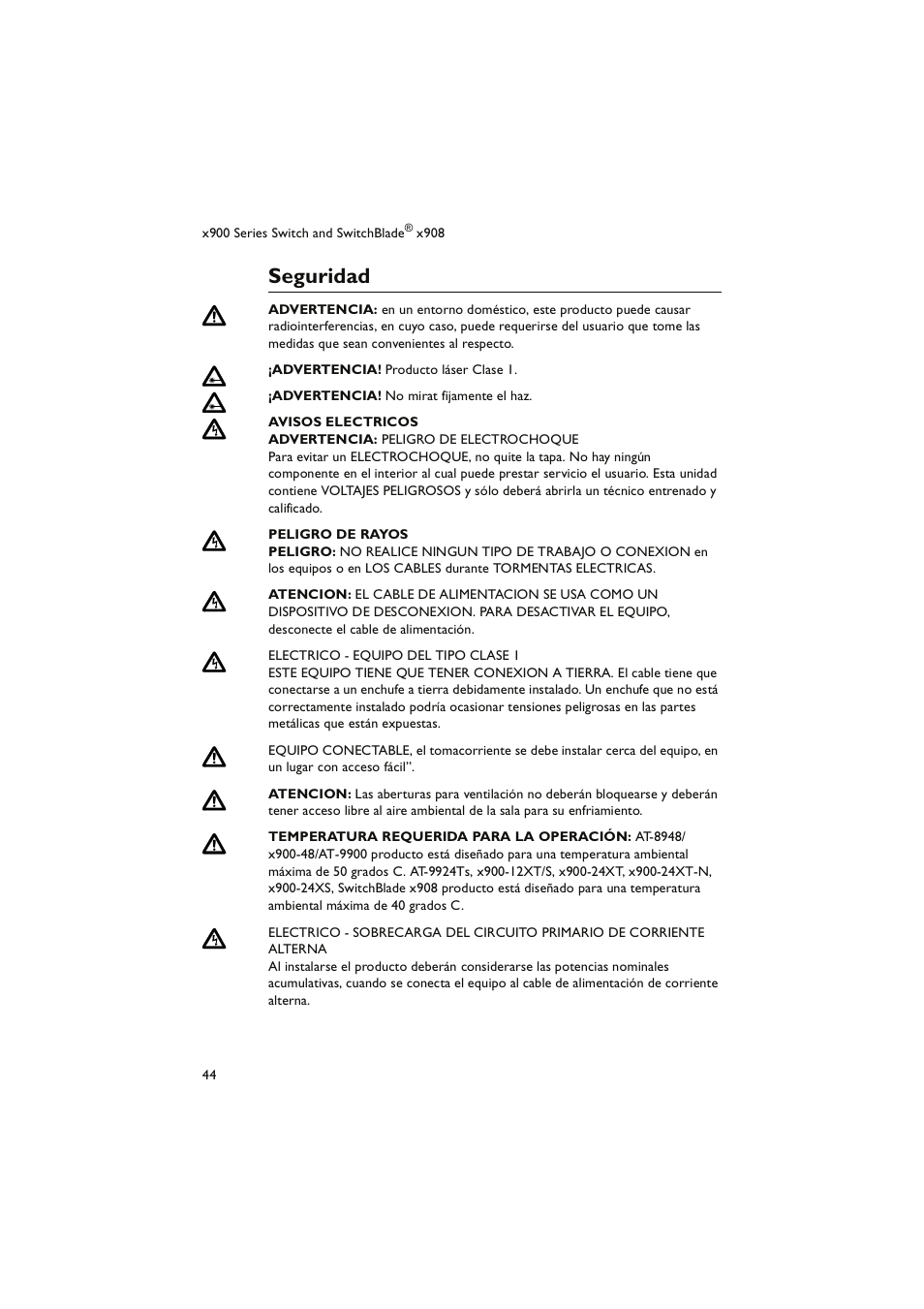 Seguridad | Allied Telesis x900 Series Switch and SwitchBlade x908 User Manual | Page 45 / 49