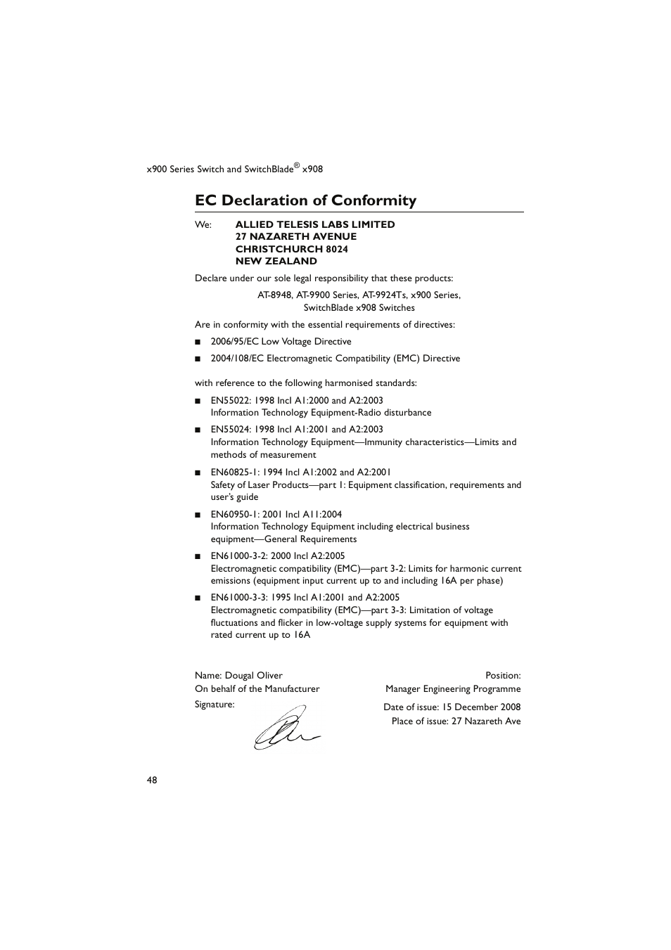 Ec declaration of conformity | Allied Telesis x900 Series Switch and SwitchBlade x908 User Manual | Page 49 / 49