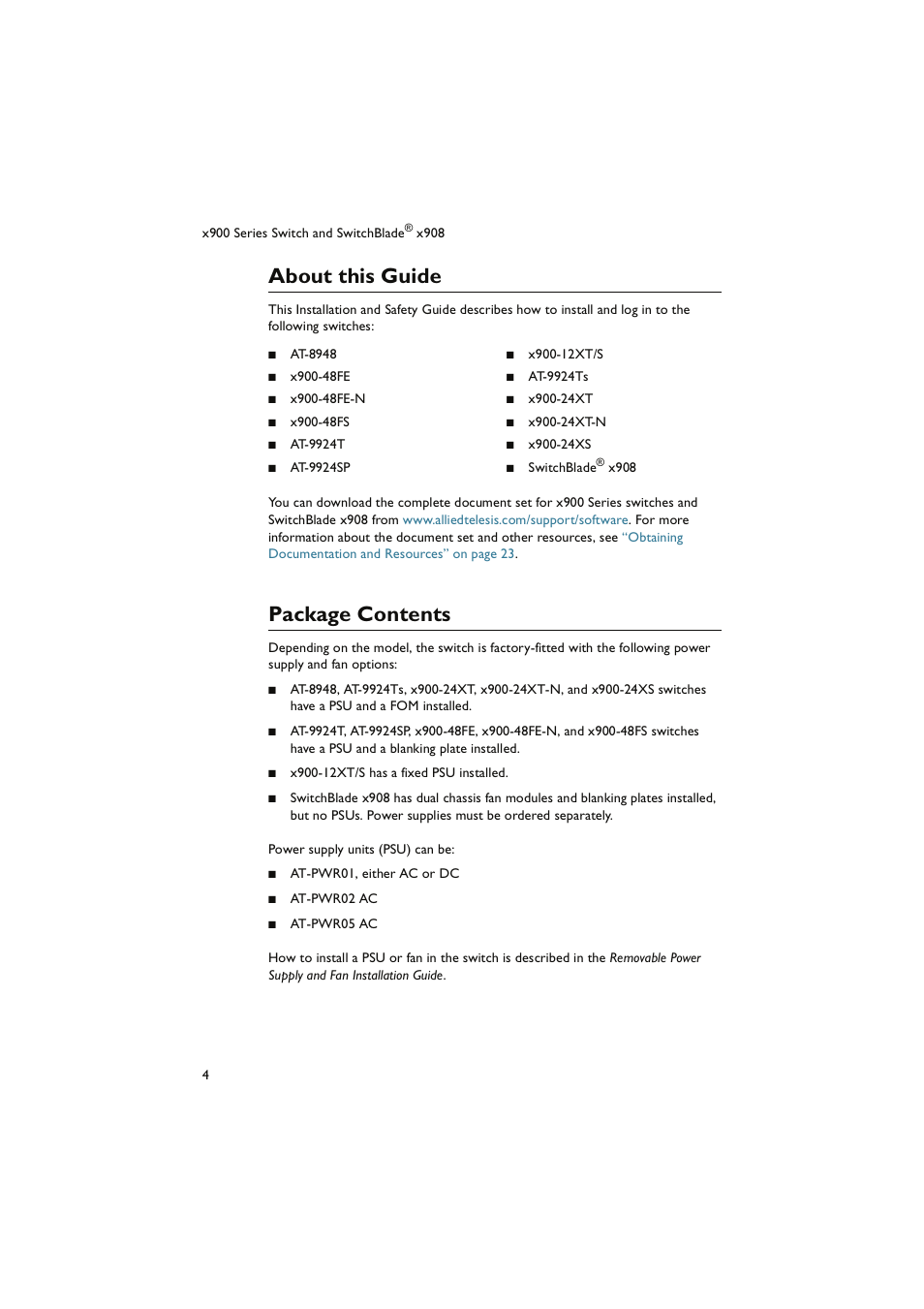 About this guide, Package contents | Allied Telesis x900 Series Switch and SwitchBlade x908 User Manual | Page 5 / 49