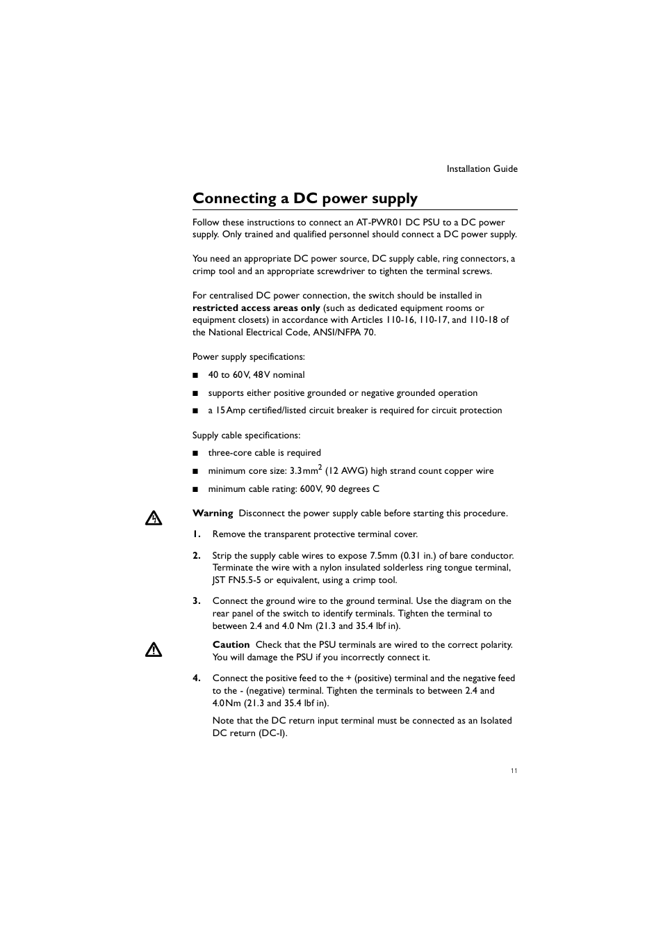 Connecting a dc power supply | Allied Telesis Removable Power Supply and Fan User Manual | Page 12 / 23