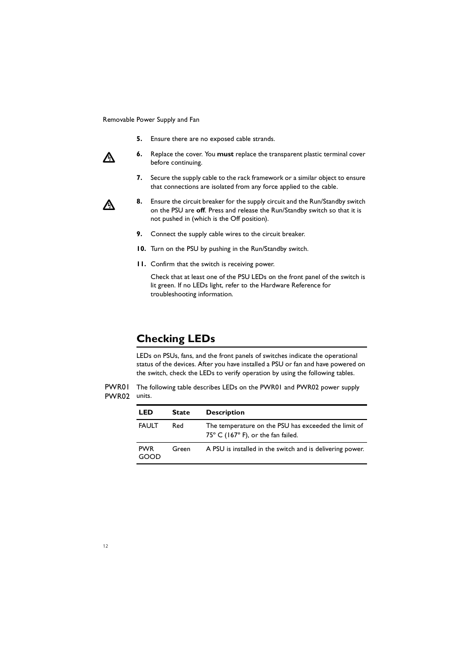 Checking leds | Allied Telesis Removable Power Supply and Fan User Manual | Page 13 / 23