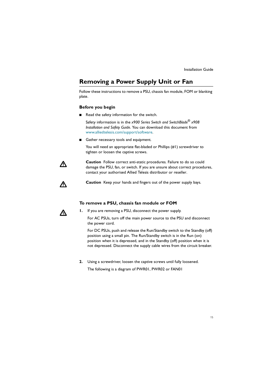 Removing a power supply unit or fan | Allied Telesis Removable Power Supply and Fan User Manual | Page 16 / 23