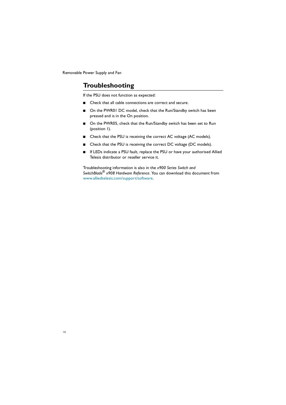 Troubleshooting | Allied Telesis Removable Power Supply and Fan User Manual | Page 19 / 23