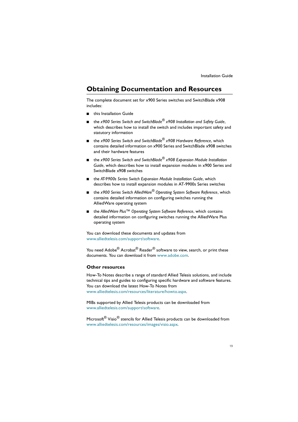 Obtaining documentation and resources, Obtaining documentation and | Allied Telesis Removable Power Supply and Fan User Manual | Page 20 / 23