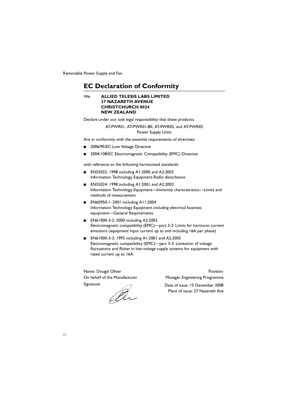 Ec declaration of conformity | Allied Telesis Removable Power Supply and Fan User Manual | Page 23 / 23