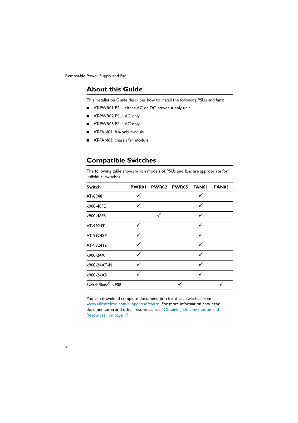 About this guide, Compatible switches | Allied Telesis Removable Power Supply and Fan User Manual | Page 5 / 23