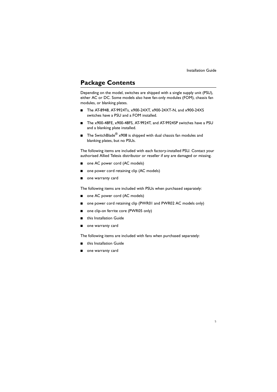 Package contents | Allied Telesis Removable Power Supply and Fan User Manual | Page 6 / 23