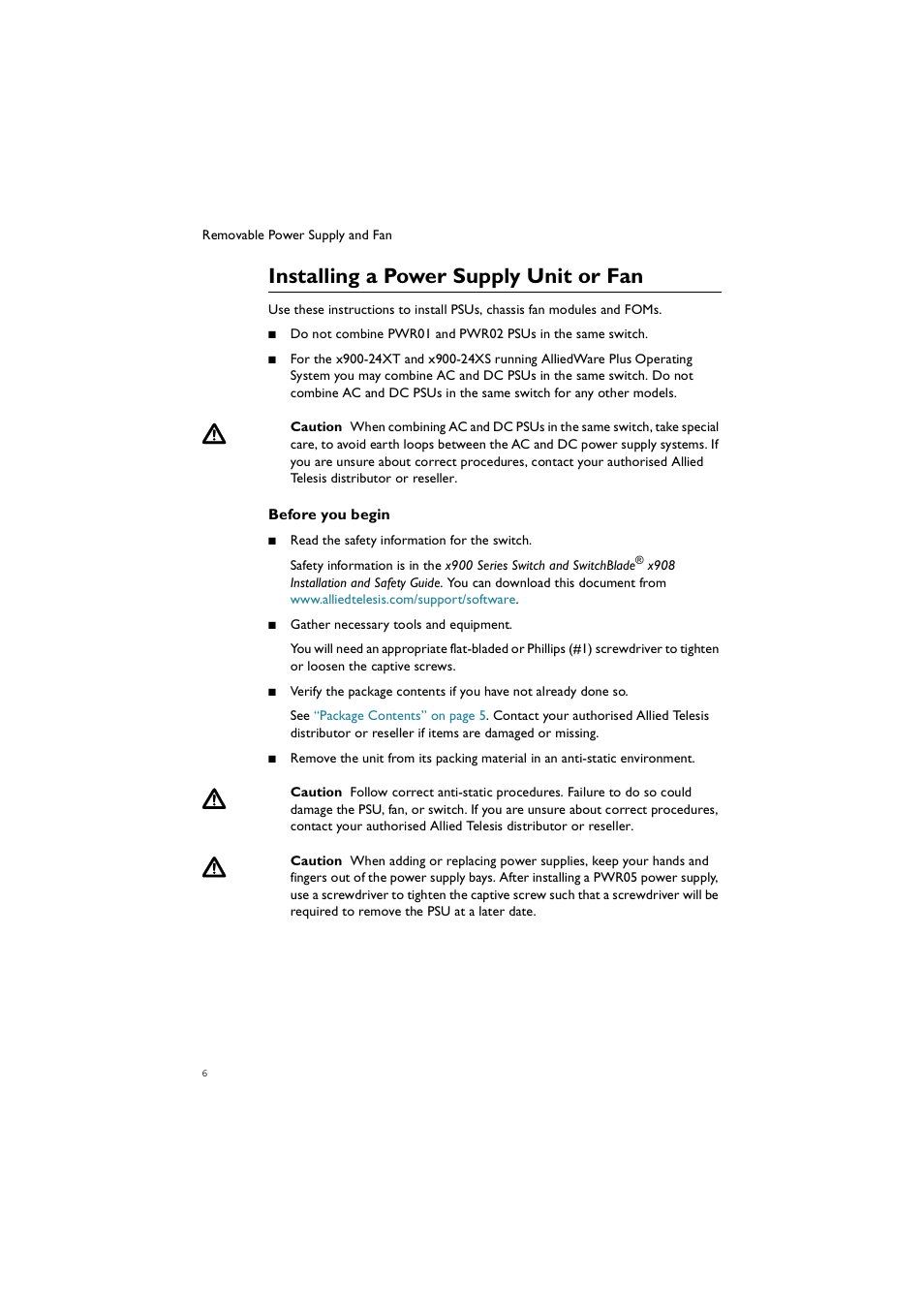 Installing a power supply unit or fan | Allied Telesis Removable Power Supply and Fan User Manual | Page 7 / 23