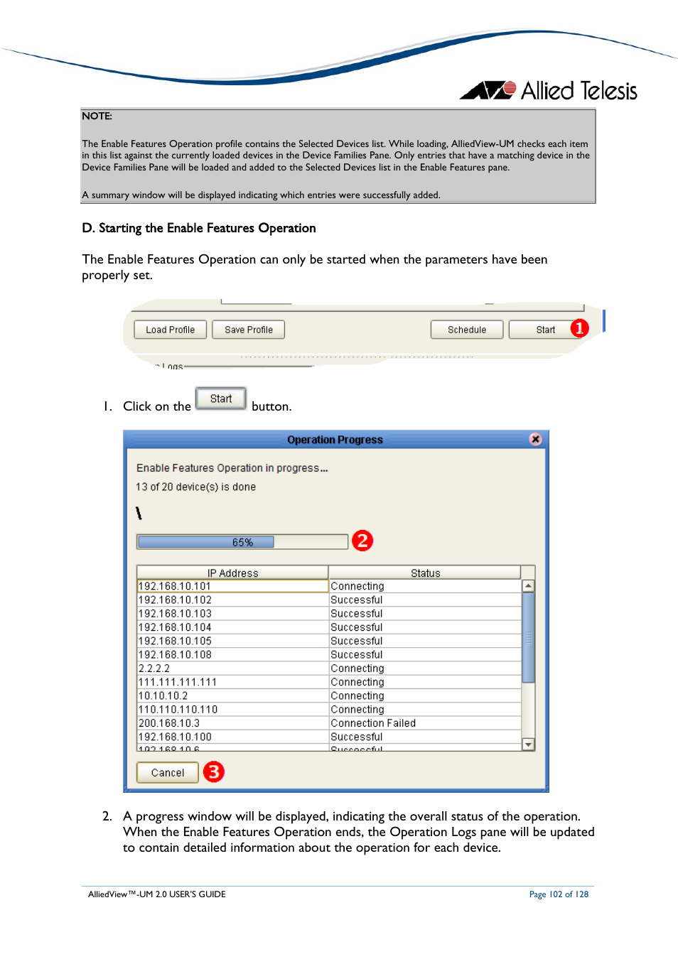 D. starting the enable features operation, Tarting the, Nable | Eatures, Peration | Allied Telesis AlliedView-UM 2.0 User Manual | Page 102 / 128