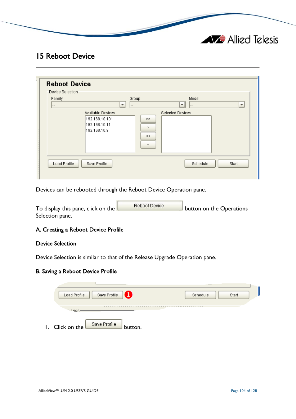 15 reboot device, A. creating a reboot device profile, B. saving a reboot device profile | Reating a, Eboot, Evice, Rofile, Aving a | Allied Telesis AlliedView-UM 2.0 User Manual | Page 104 / 128