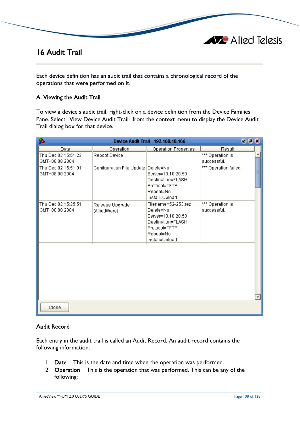 16 audit trail, Iewing the, Udit | Rail | Allied Telesis AlliedView-UM 2.0 User Manual | Page 108 / 128