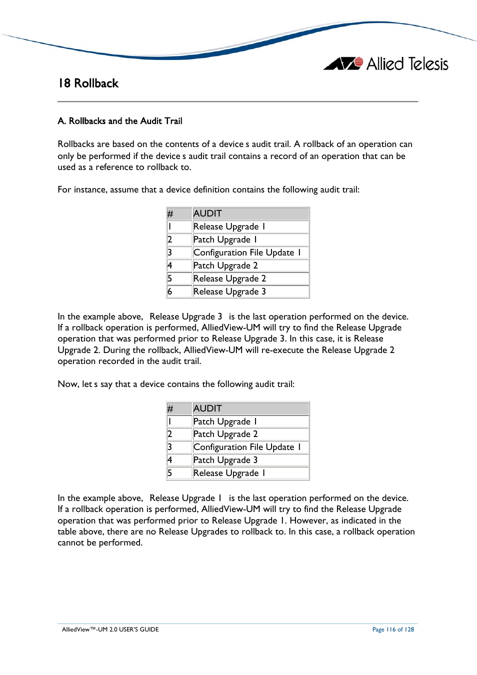 18 rollback, Ollbacks and the, Udit | Rail | Allied Telesis AlliedView-UM 2.0 User Manual | Page 116 / 128