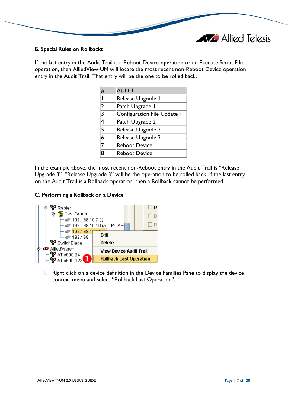 Pecial, Ules on, Ollbacks | Erforming a, Ollback on a, Evice | Allied Telesis AlliedView-UM 2.0 User Manual | Page 117 / 128