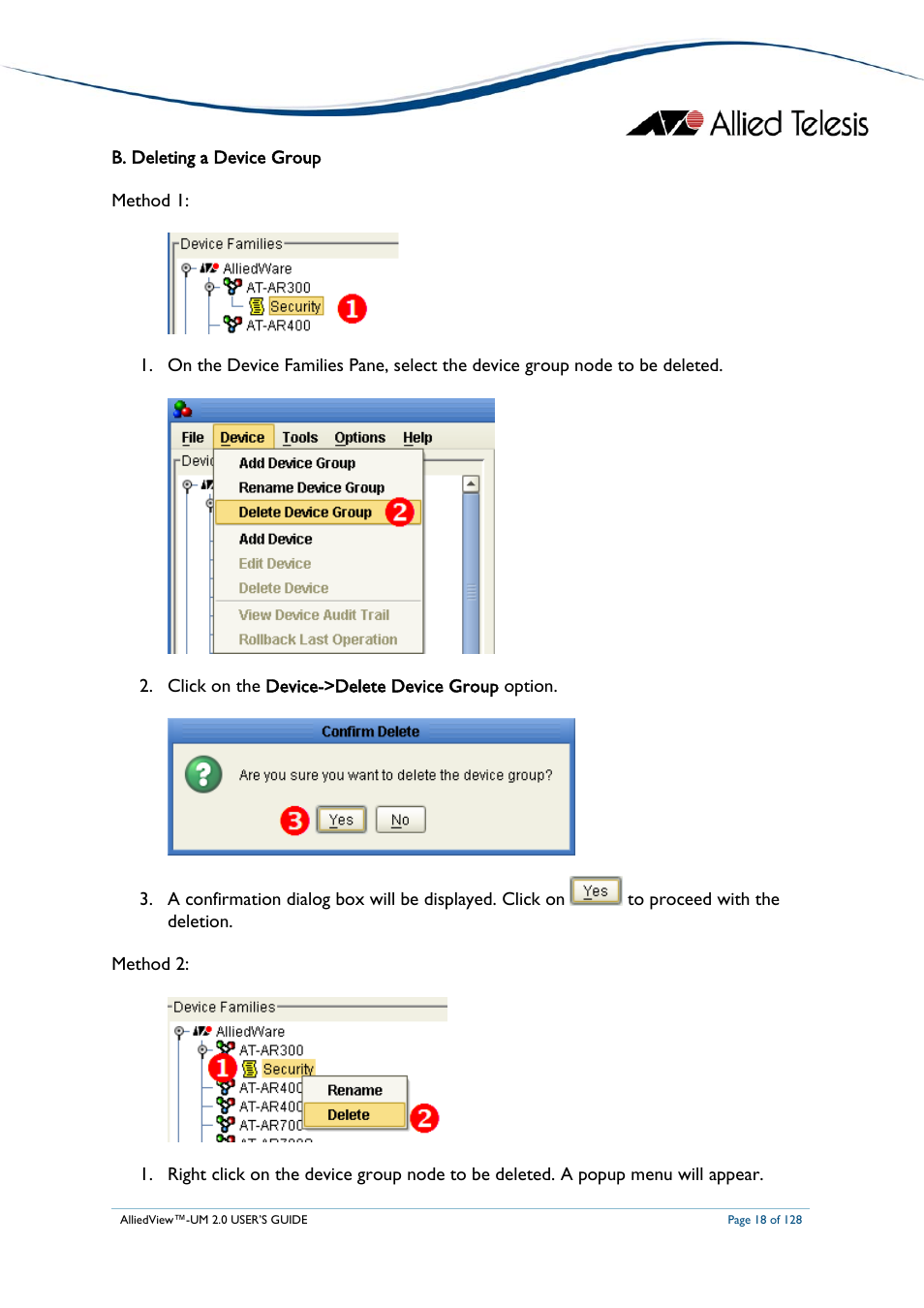 B. deleting a device group, Eleting a, Evice | Roup | Allied Telesis AlliedView-UM 2.0 User Manual | Page 18 / 128