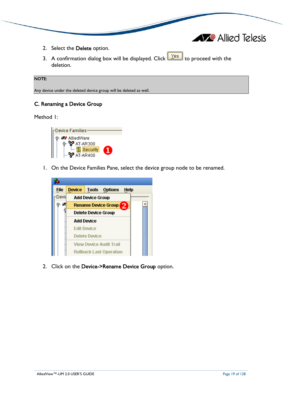 C. renaming a device group, Enaming a, Evice | Roup | Allied Telesis AlliedView-UM 2.0 User Manual | Page 19 / 128