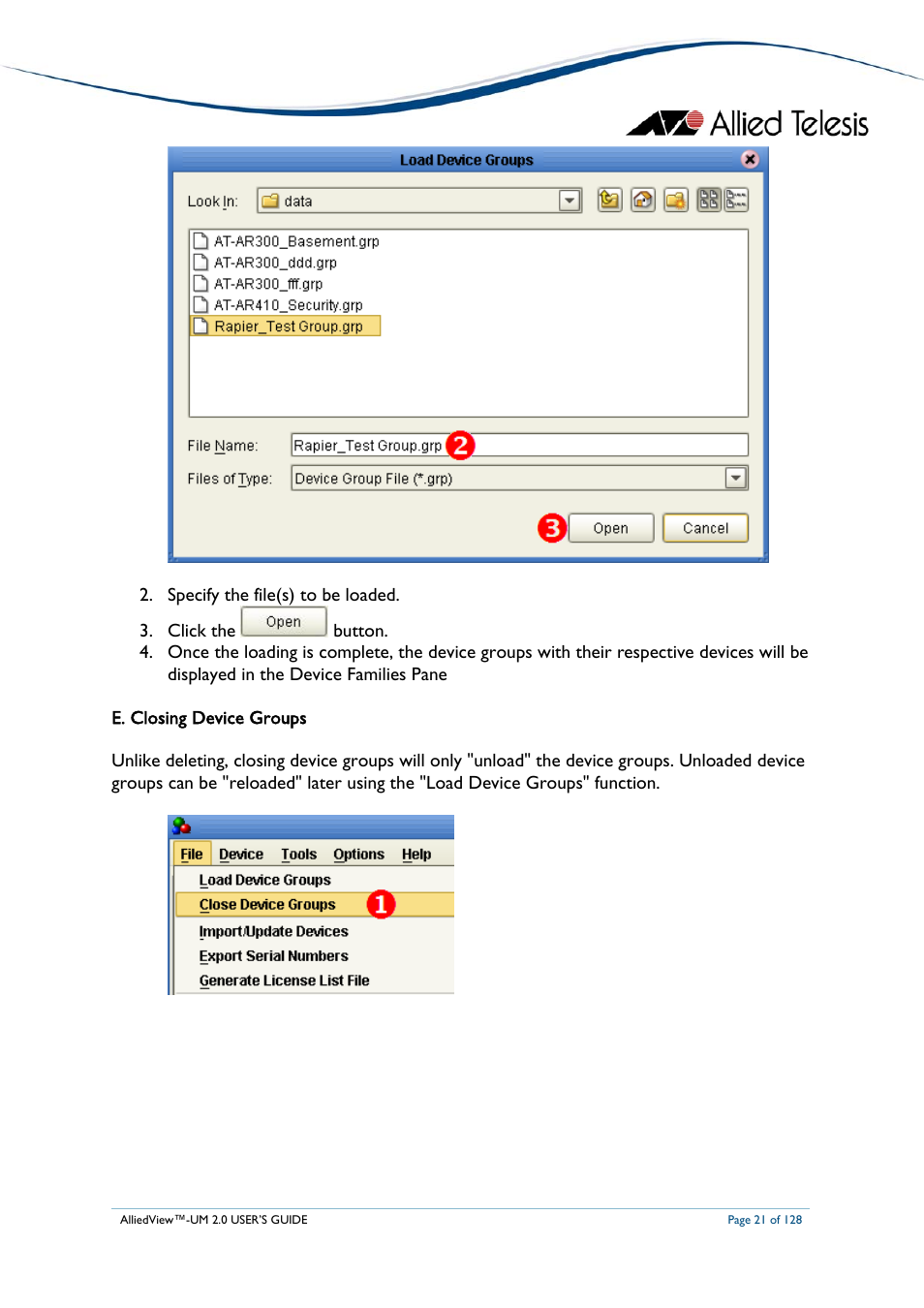 E. closing device groups, Losing, Evice | Roups | Allied Telesis AlliedView-UM 2.0 User Manual | Page 21 / 128