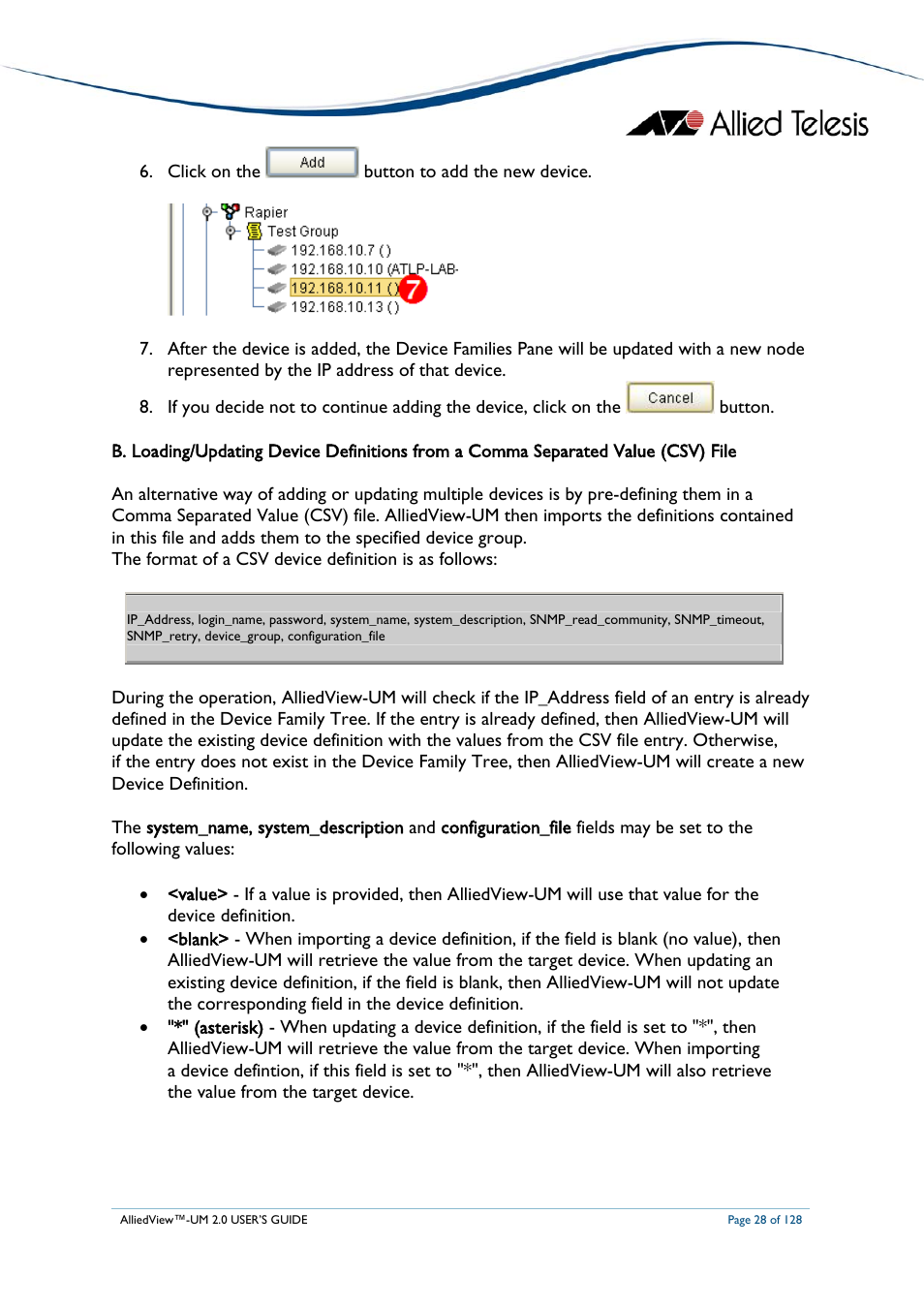 Oading, Pdating, Evice | Efinitions from a, Omma, Eparated, Alue, Csv) | Allied Telesis AlliedView-UM 2.0 User Manual | Page 28 / 128