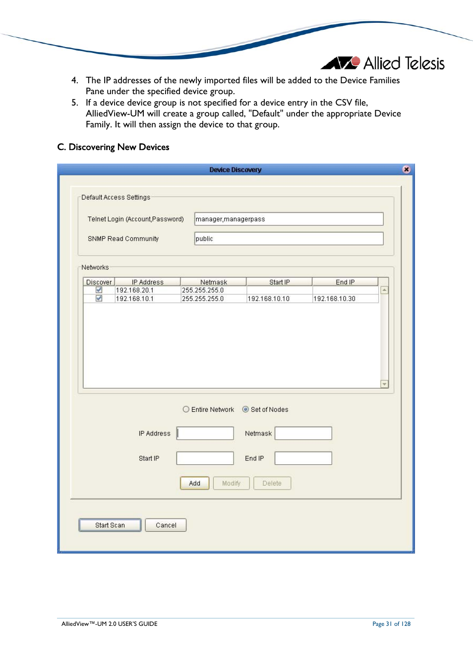 C. discovering new devices, Iscovering, Evices | Allied Telesis AlliedView-UM 2.0 User Manual | Page 31 / 128