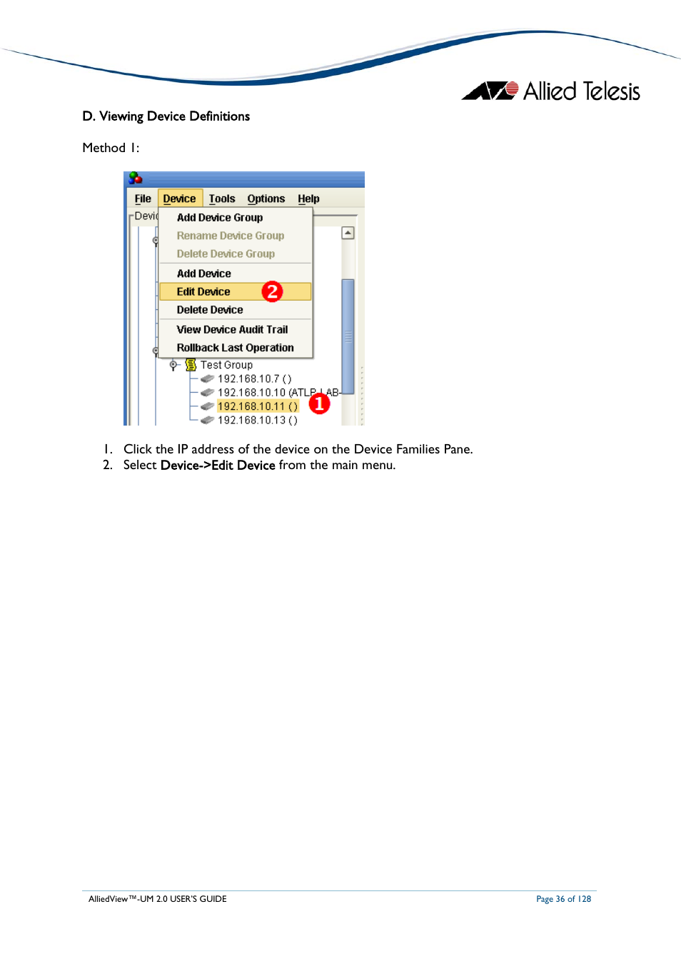D. viewing device definitions, Iewing, Evice | Efinitions, D. viewing device definitions method 1 | Allied Telesis AlliedView-UM 2.0 User Manual | Page 36 / 128