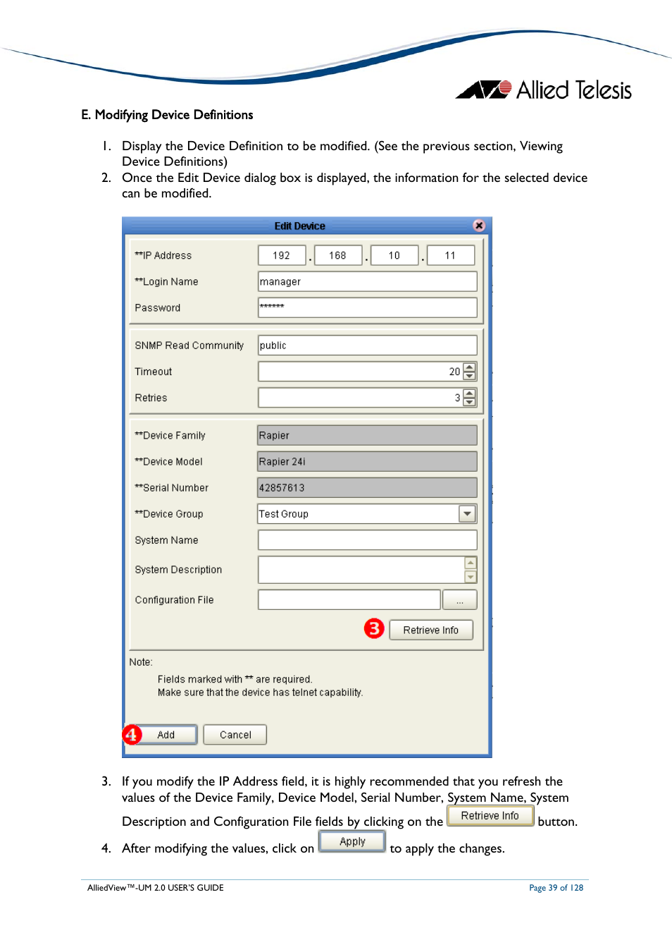 E. modifying device definitions, Odifying, Evice | Efinitions | Allied Telesis AlliedView-UM 2.0 User Manual | Page 39 / 128