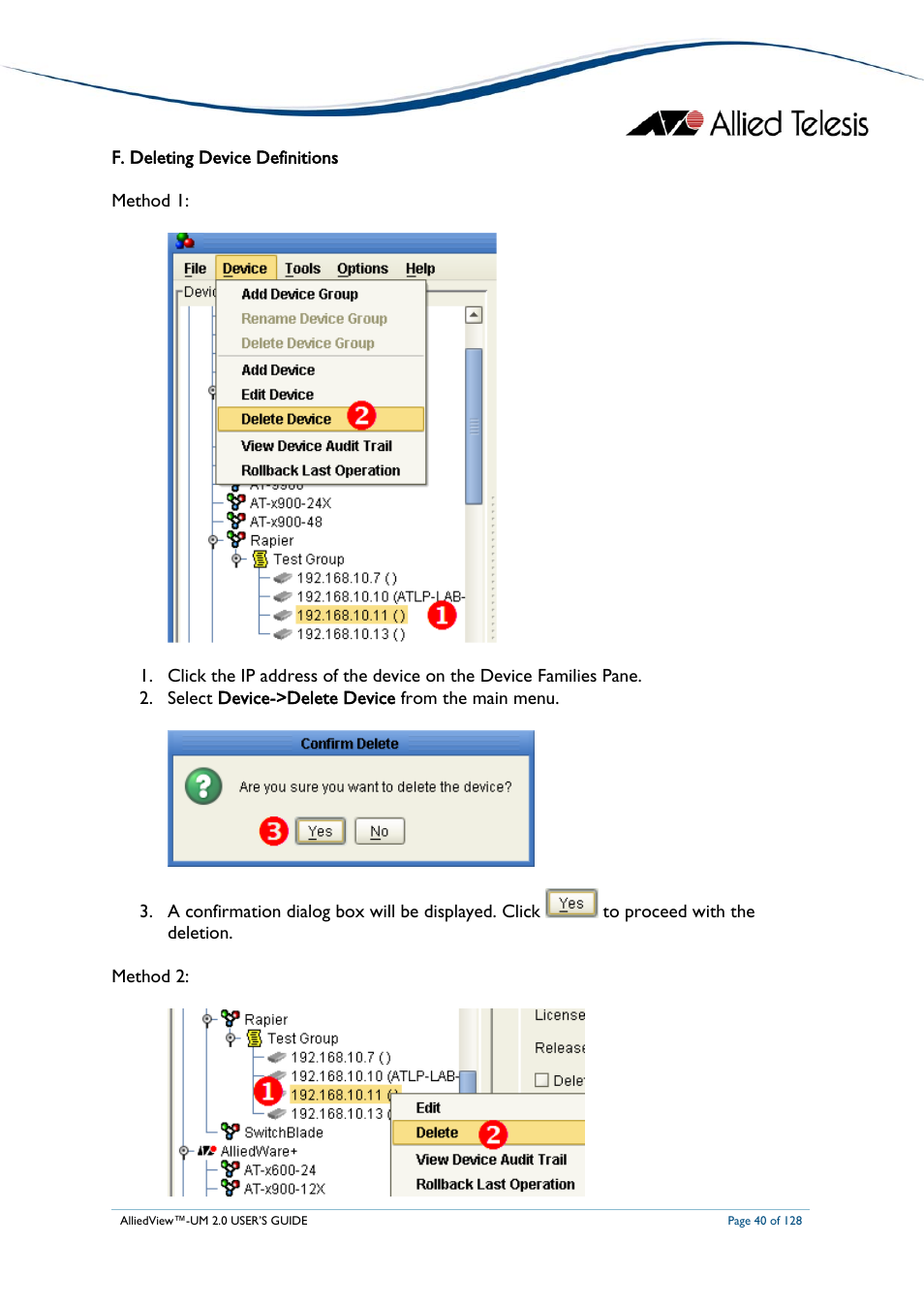 F. deleting device definitions, Eleting, Evice | Efinitions, F. deleting device definitions method 1 | Allied Telesis AlliedView-UM 2.0 User Manual | Page 40 / 128