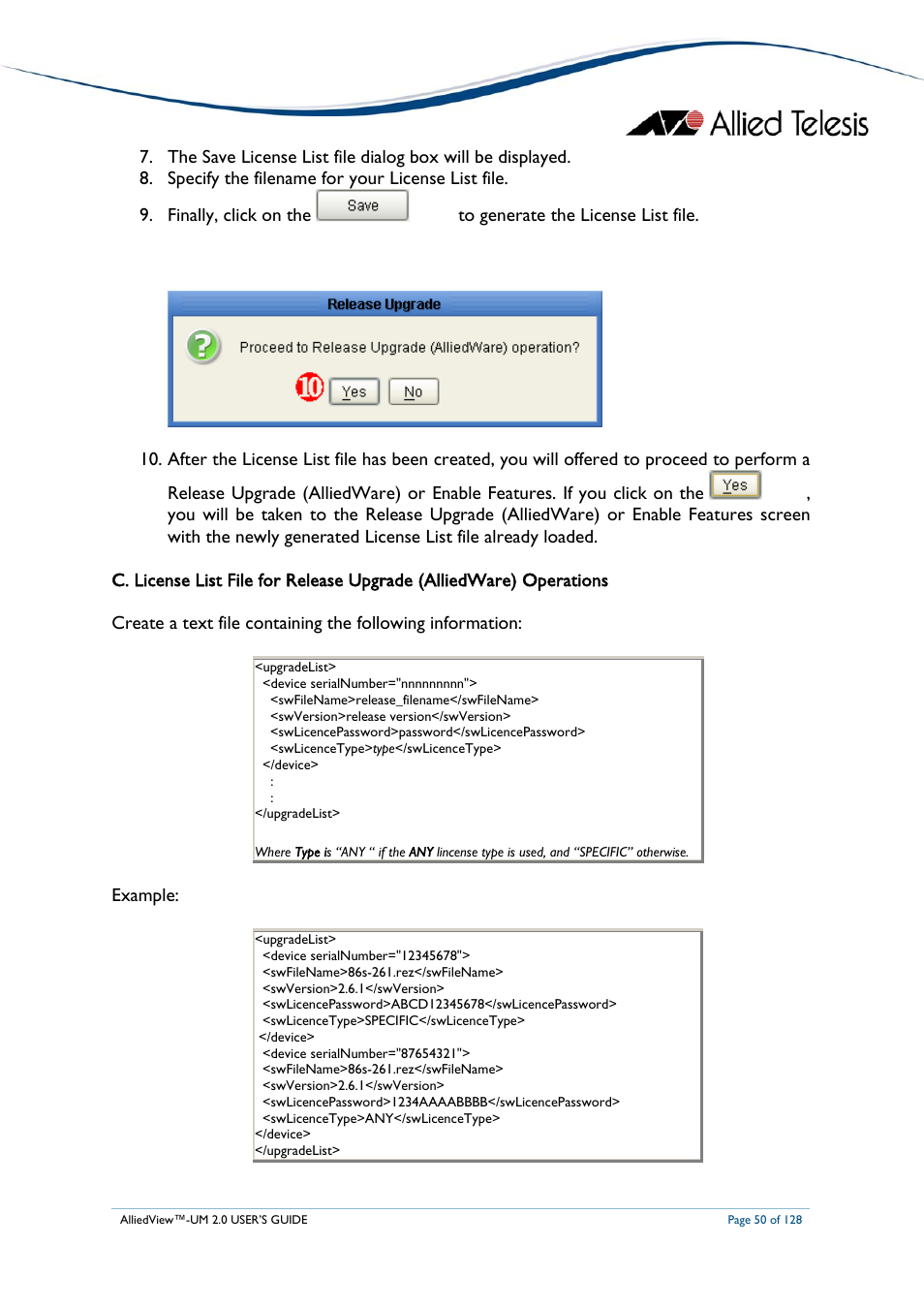 Icense, Ile for, Elease | Pgrade, Llied, Perations, Example | Allied Telesis AlliedView-UM 2.0 User Manual | Page 50 / 128